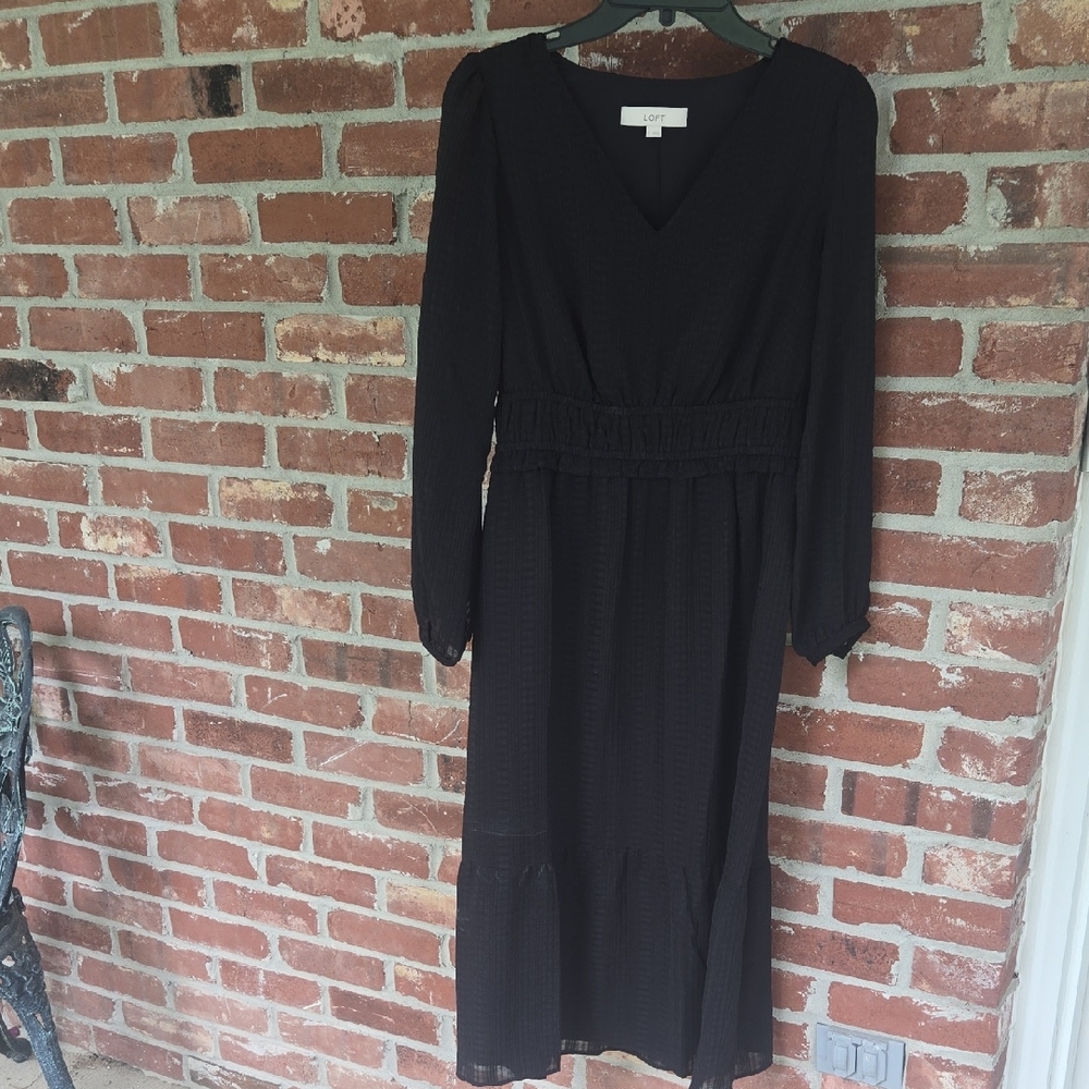 LOFT Black Bishop Sleeve V-Neck Fully Lined Dress